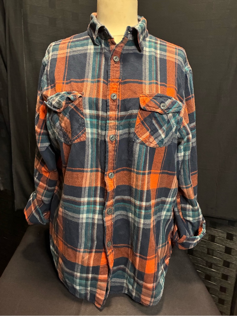 Mossimo Supply Co. Orange, Navy & Teal Plaid Button-Up Shirt